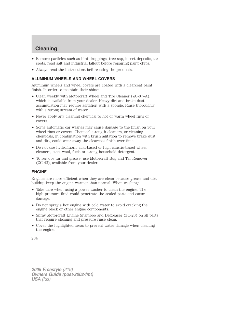 Aluminum wheels and wheel covers, Engine, Cleaning | FORD 2005 Freestyle v.3 User Manual | Page 234 / 288