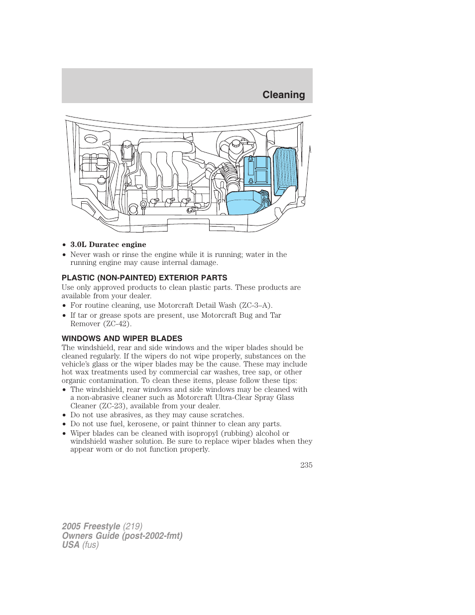 Plastic (non-painted) exterior parts, Windows and wiper blades, Cleaning | FORD 2005 Freestyle v.3 User Manual | Page 235 / 288