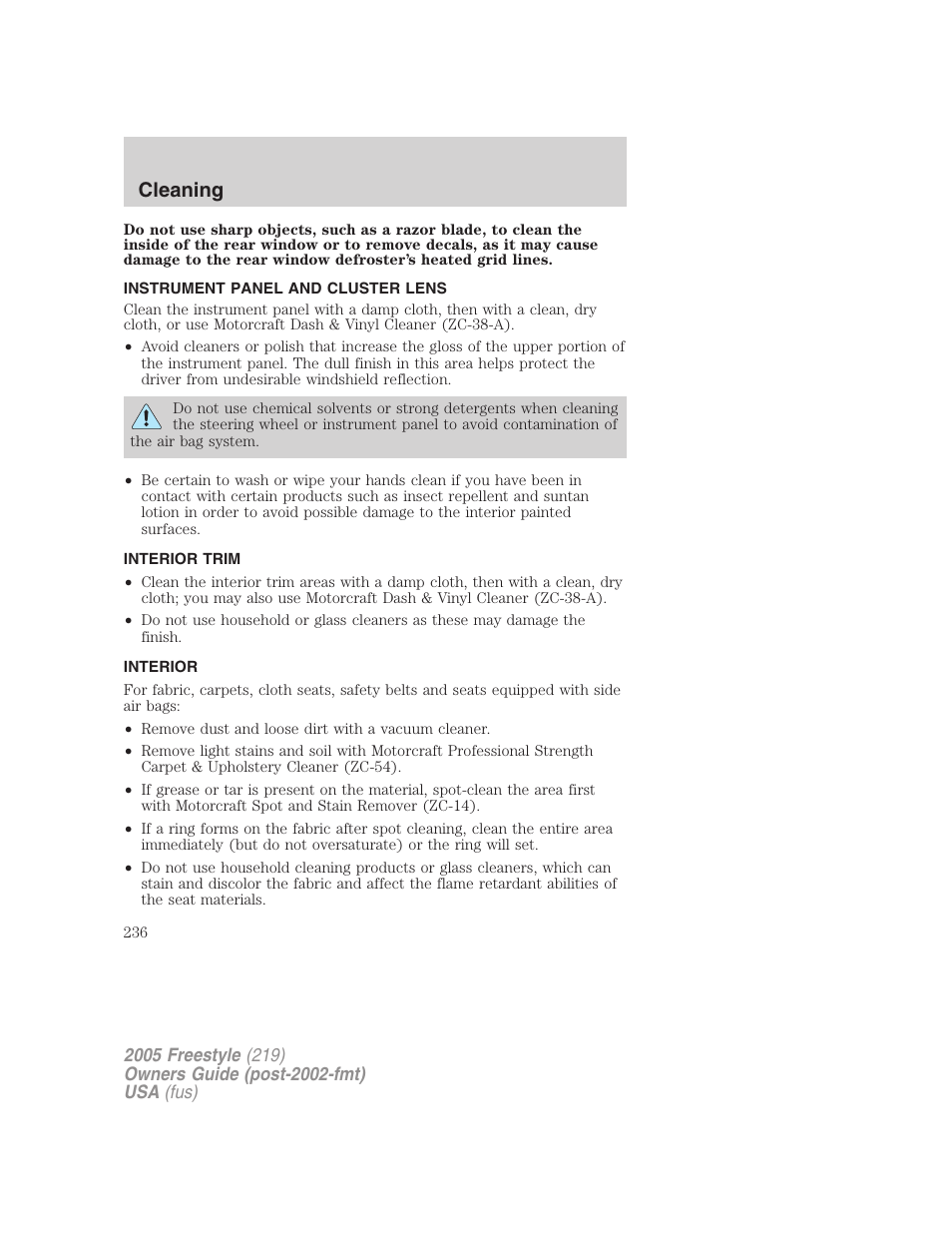 Instrument panel and cluster lens, Interior trim, Interior | Cleaning | FORD 2005 Freestyle v.3 User Manual | Page 236 / 288