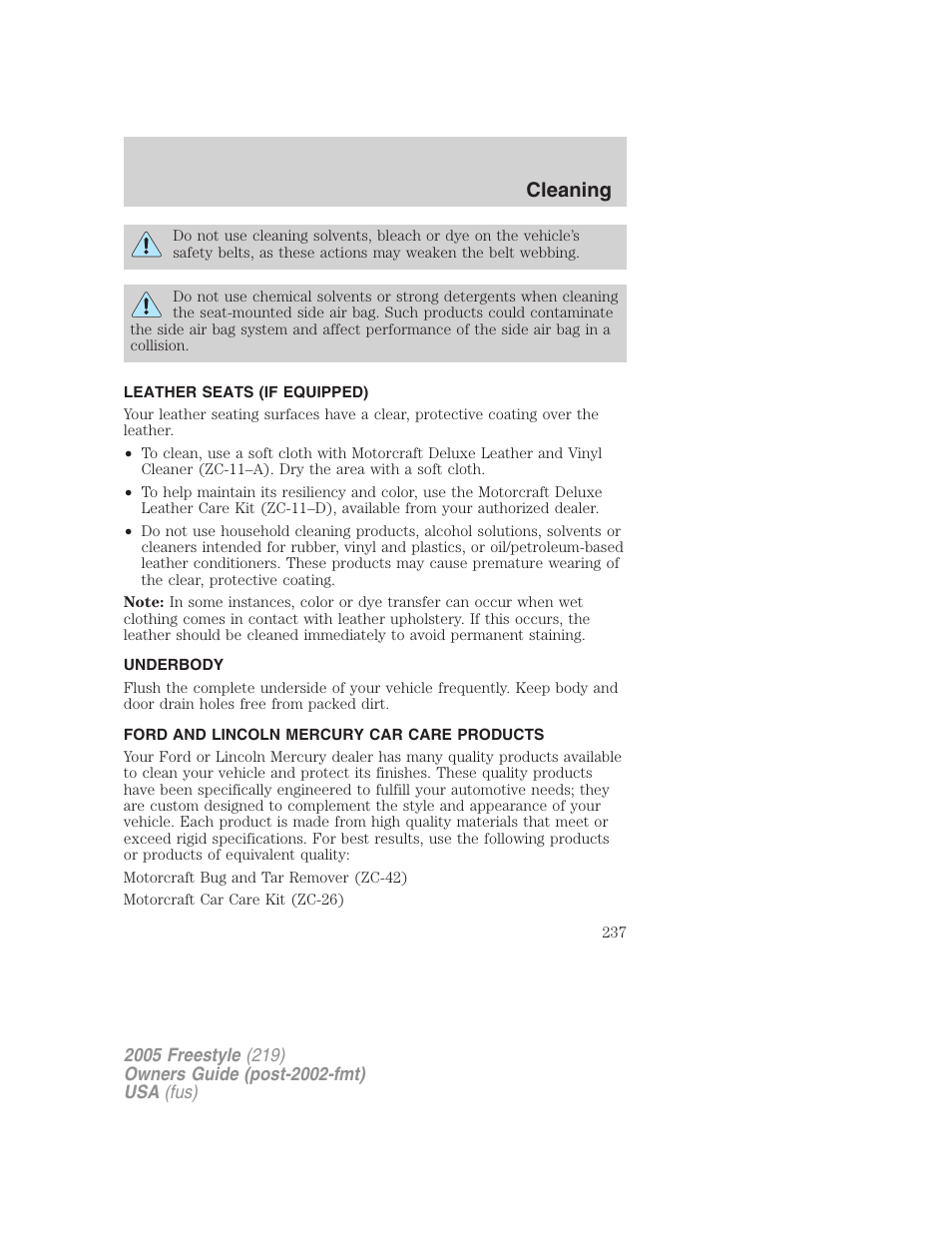 Leather seats (if equipped), Underbody, Ford and lincoln mercury car care products | Cleaning | FORD 2005 Freestyle v.3 User Manual | Page 237 / 288