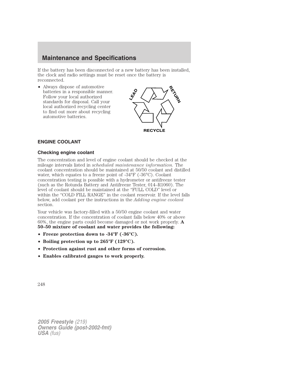 Engine coolant, Checking engine coolant, Maintenance and specifications | FORD 2005 Freestyle v.3 User Manual | Page 248 / 288