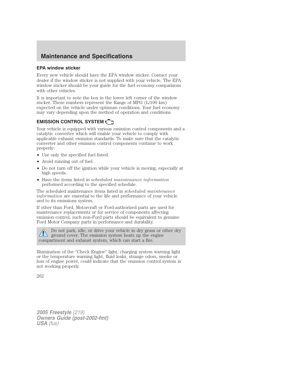 Epa window sticker, Emission control system, Maintenance and specifications | FORD 2005 Freestyle v.3 User Manual | Page 262 / 288