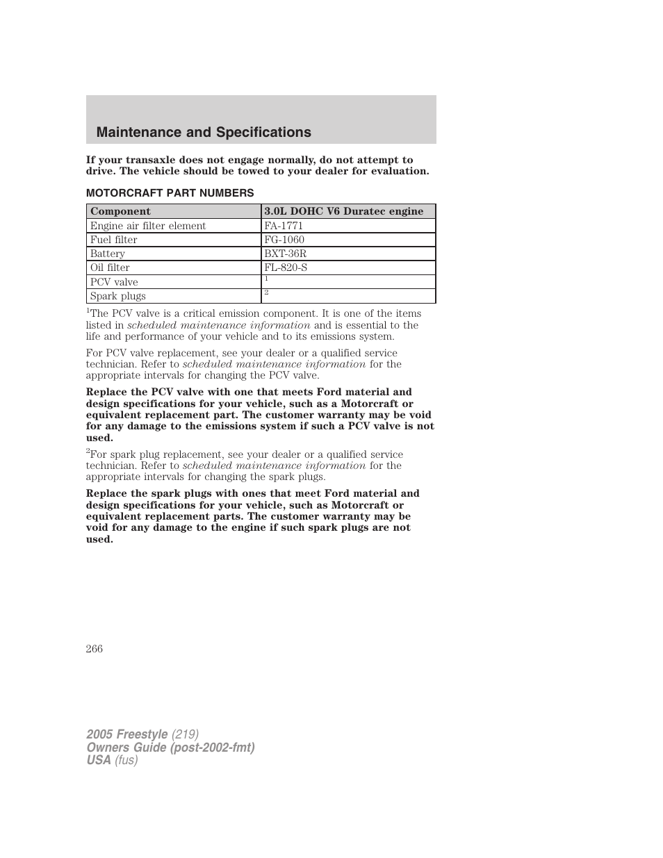 Motorcraft part numbers, Part numbers, Maintenance and specifications | FORD 2005 Freestyle v.3 User Manual | Page 266 / 288