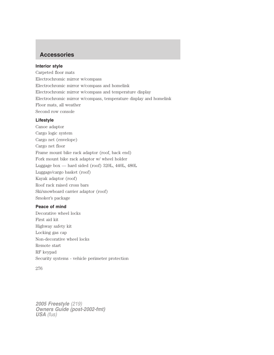 Interior style, Lifestyle, Peace of mind | Accessories | FORD 2005 Freestyle v.3 User Manual | Page 276 / 288