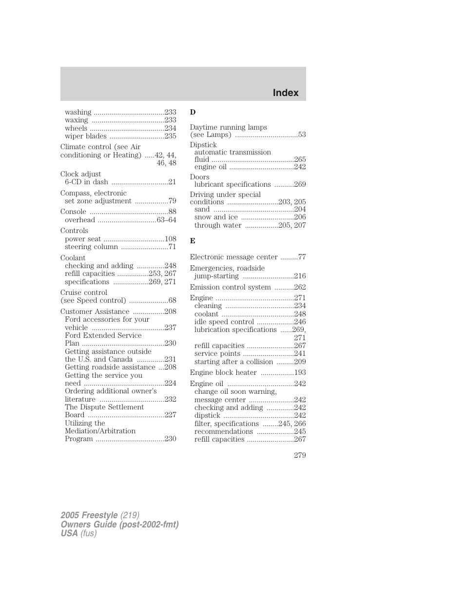 Index | FORD 2005 Freestyle v.3 User Manual | Page 279 / 288