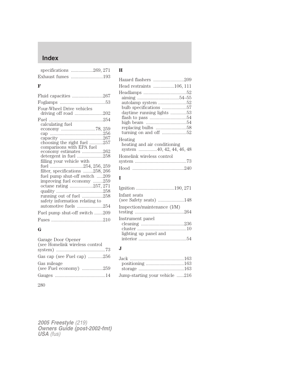 Index | FORD 2005 Freestyle v.3 User Manual | Page 280 / 288