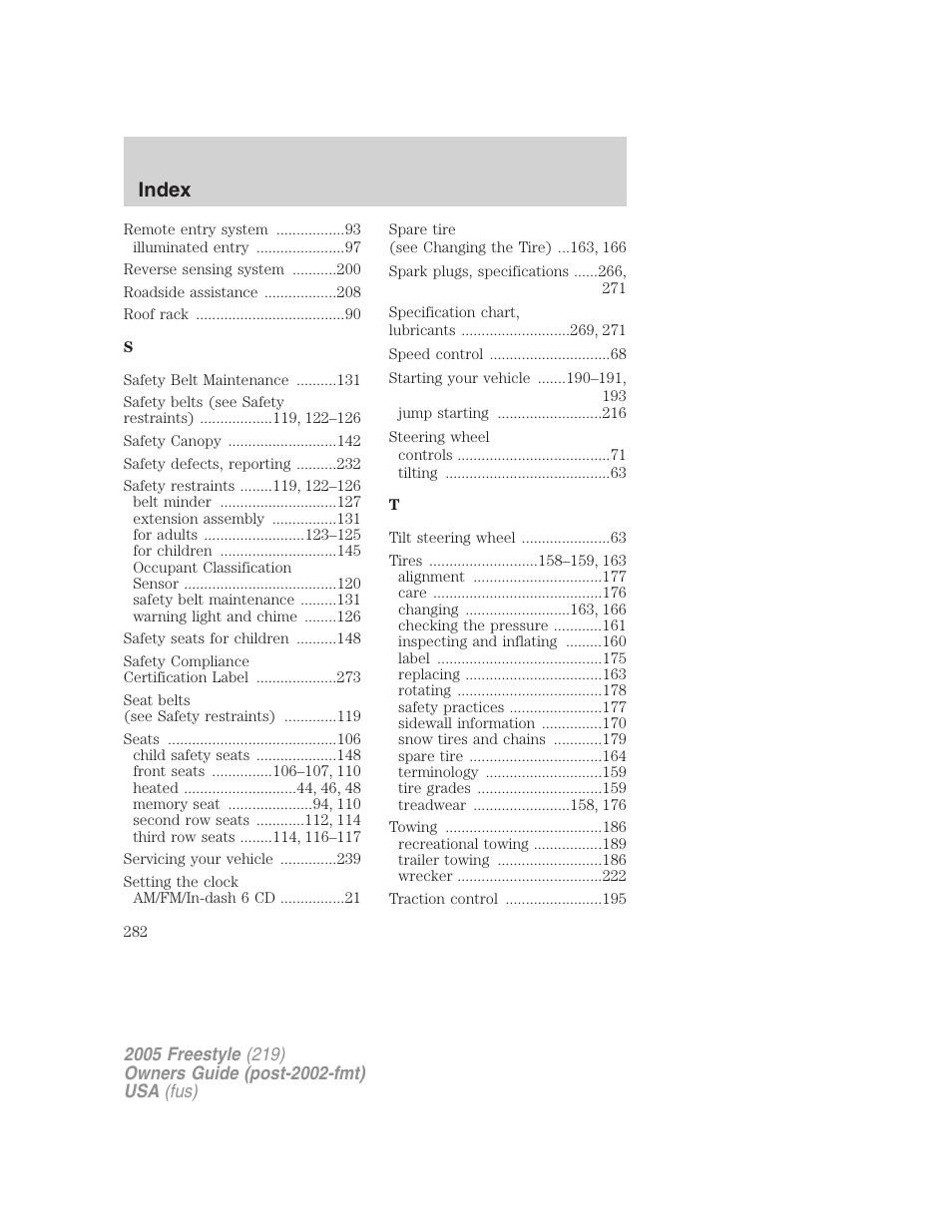 Index | FORD 2005 Freestyle v.3 User Manual | Page 282 / 288