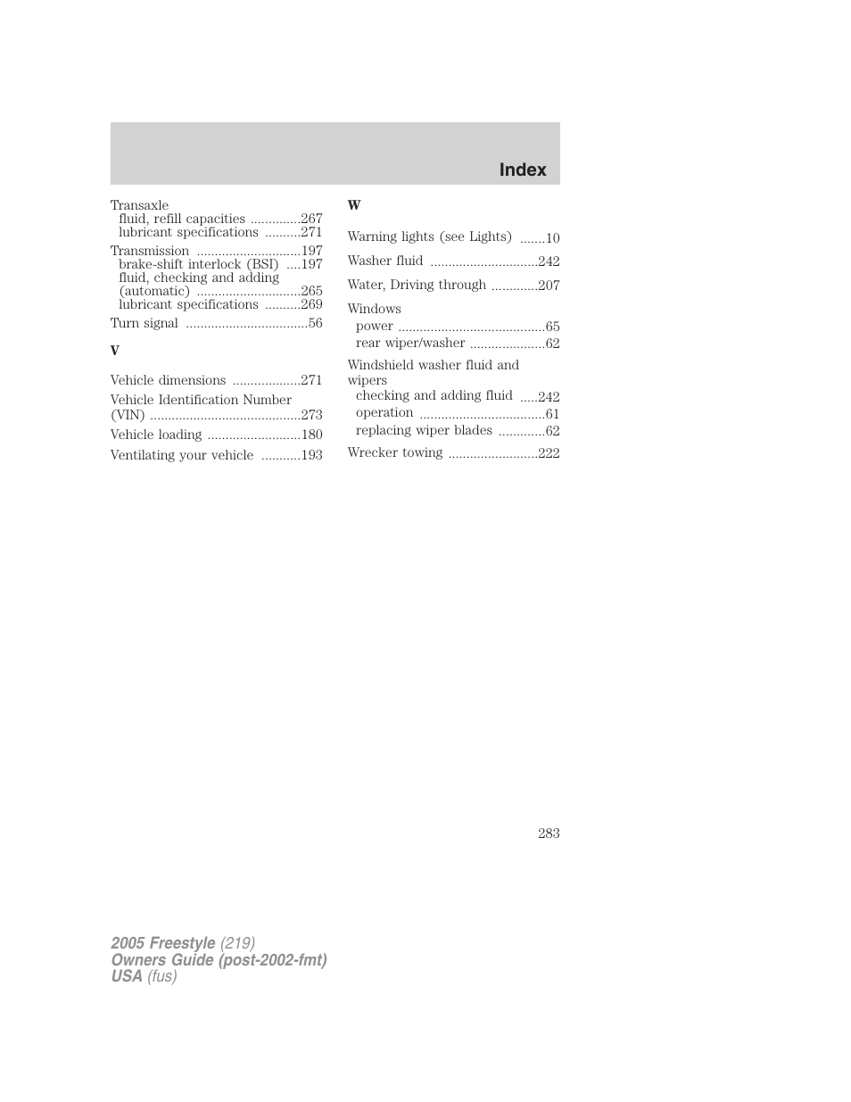Index | FORD 2005 Freestyle v.3 User Manual | Page 283 / 288