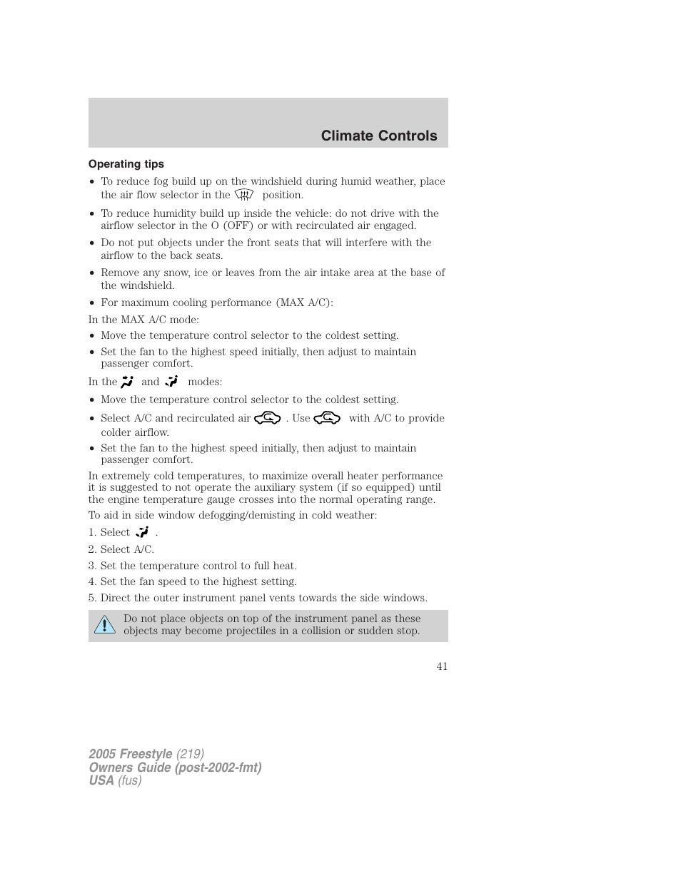 Operating tips, Climate controls | FORD 2005 Freestyle v.3 User Manual | Page 41 / 288