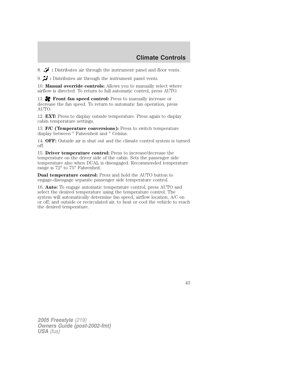 Climate controls | FORD 2005 Freestyle v.3 User Manual | Page 43 / 288
