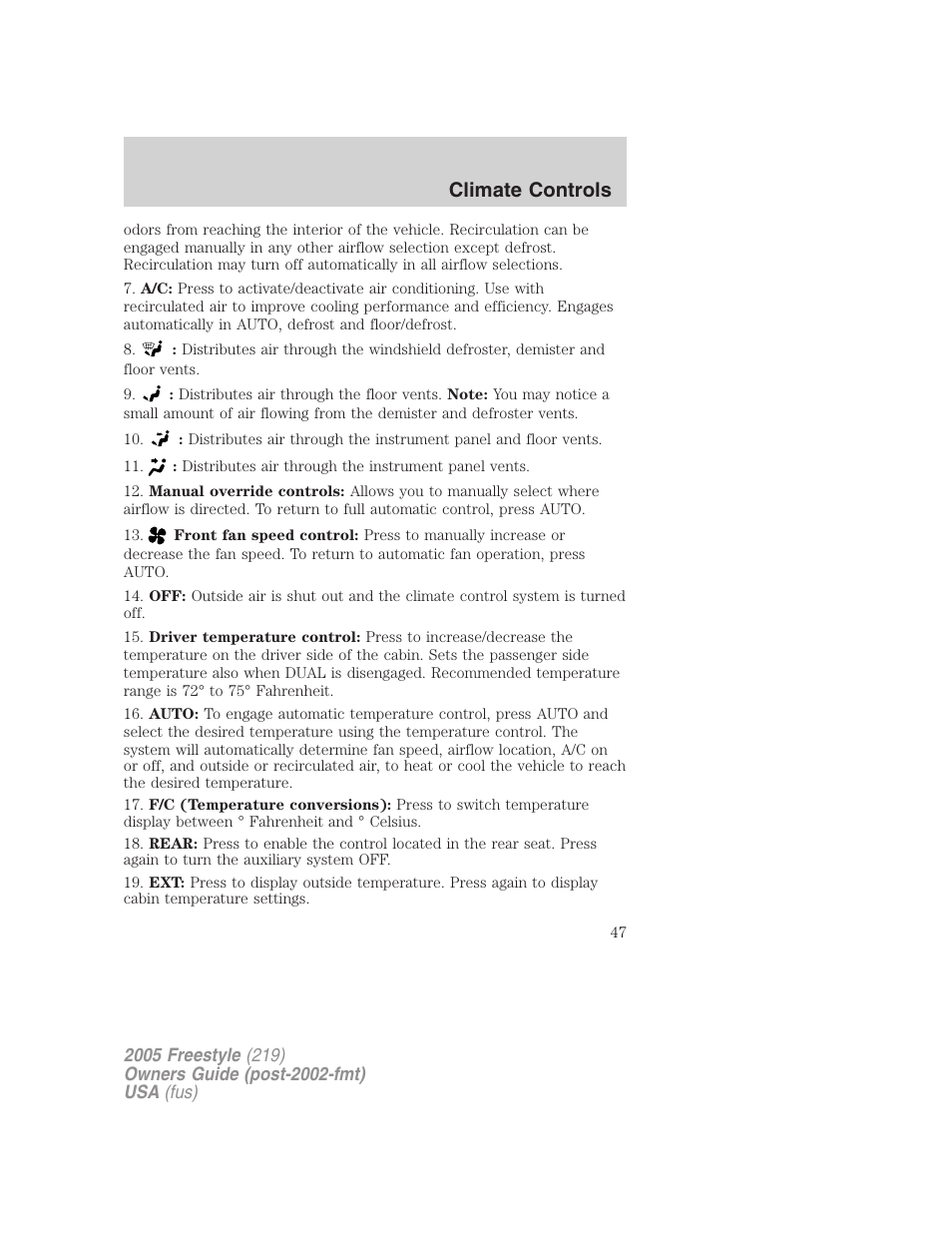 Climate controls | FORD 2005 Freestyle v.3 User Manual | Page 47 / 288