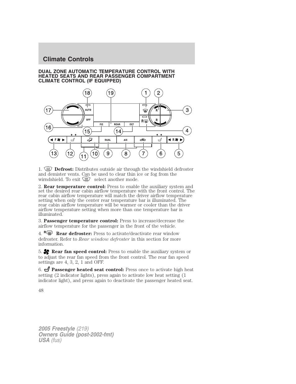 Climate controls | FORD 2005 Freestyle v.3 User Manual | Page 48 / 288