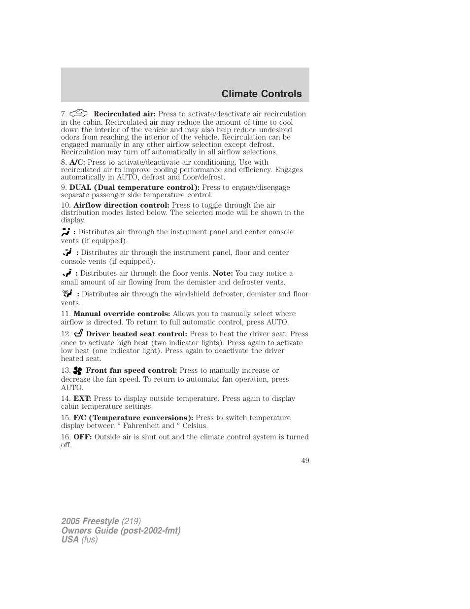 Climate controls | FORD 2005 Freestyle v.3 User Manual | Page 49 / 288