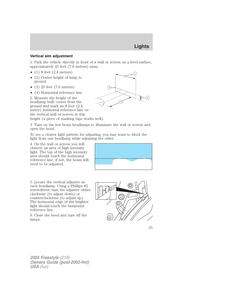 Vertical aim adjustment, Lights | FORD 2005 Freestyle v.3 User Manual | Page 55 / 288