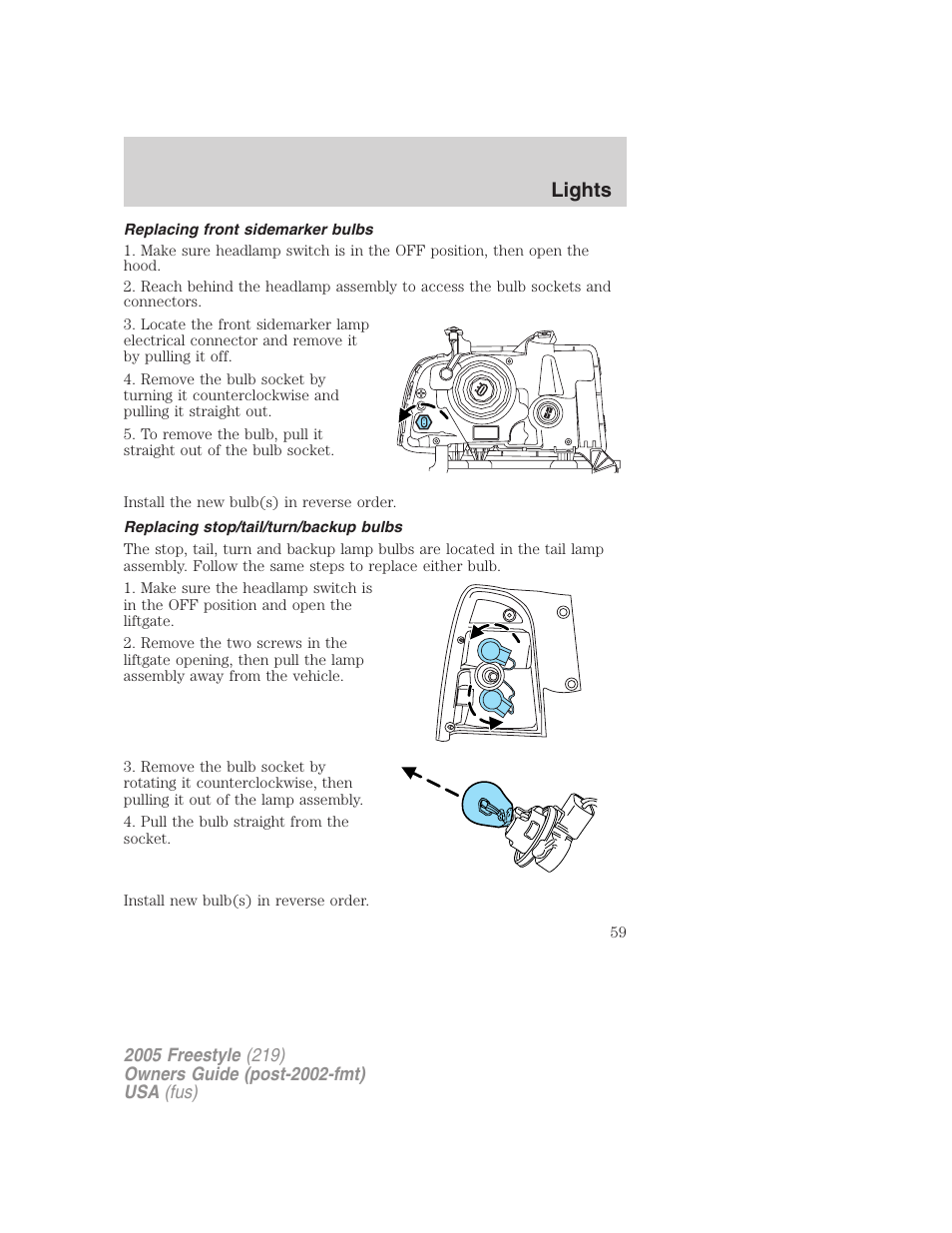 Replacing front sidemarker bulbs, Replacing stop/tail/turn/backup bulbs, Lights | FORD 2005 Freestyle v.3 User Manual | Page 59 / 288