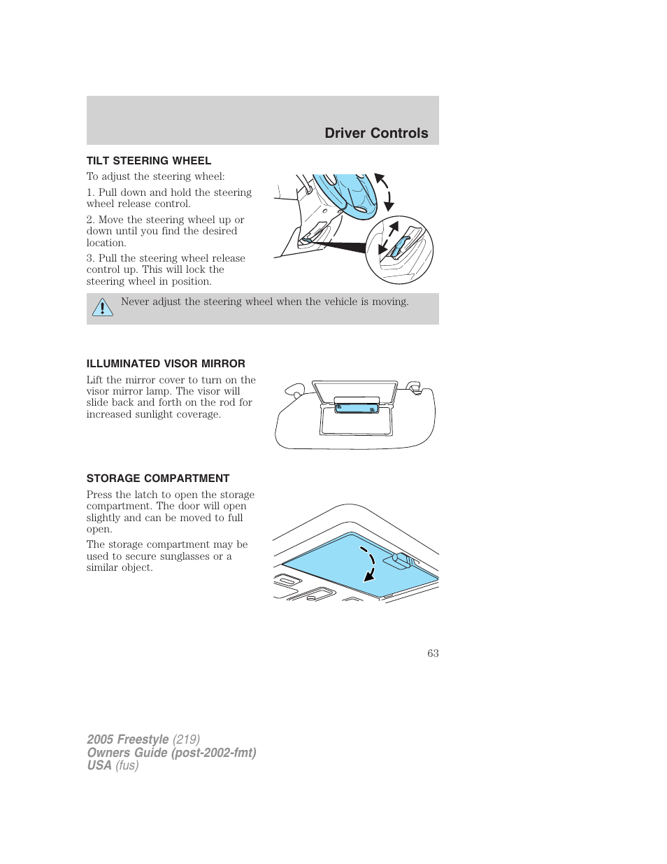 Tilt steering wheel, Illuminated visor mirror, Storage compartment | Steering wheel adjustment, Driver controls | FORD 2005 Freestyle v.3 User Manual | Page 63 / 288