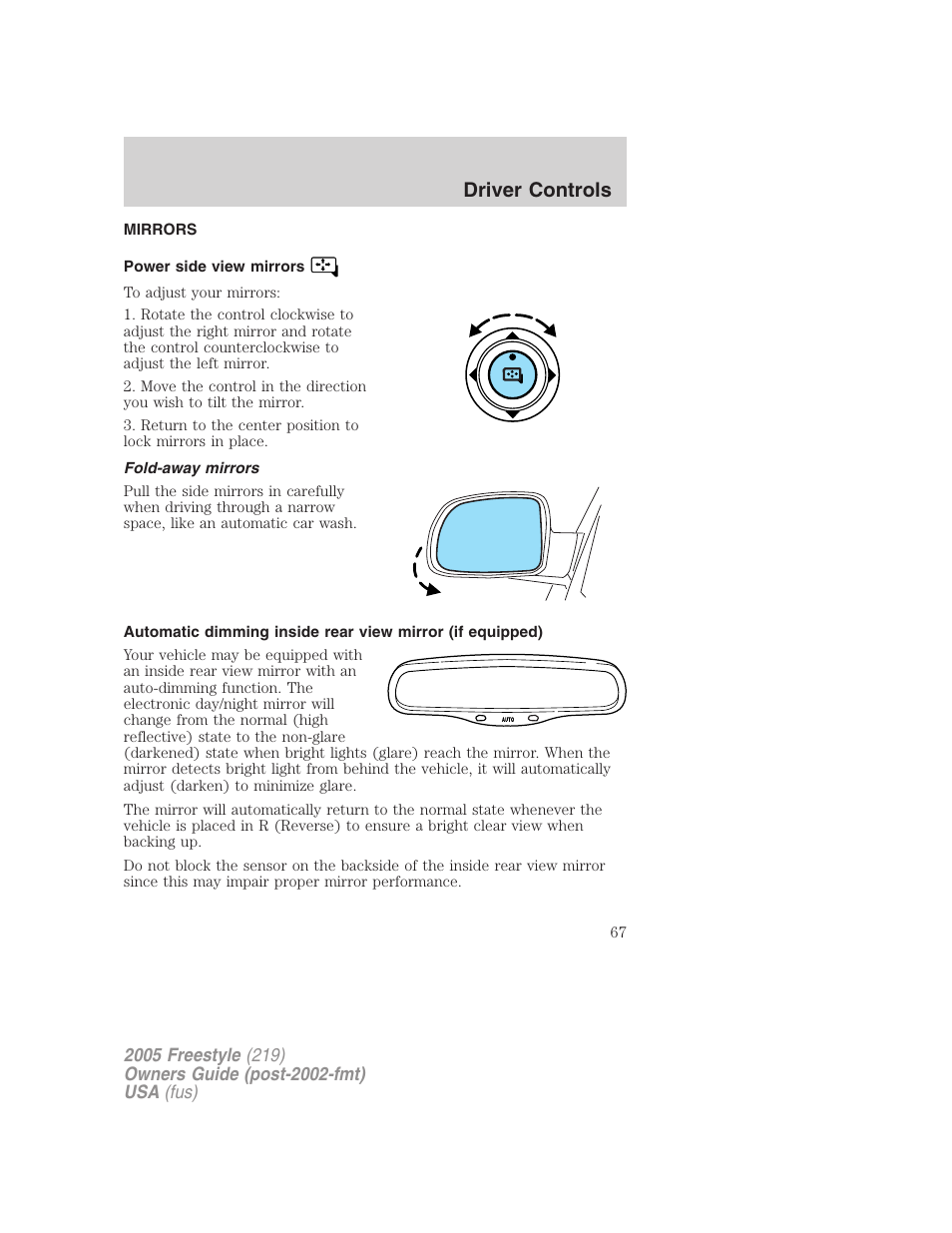 Mirrors, Power side view mirrors, Fold-away mirrors | Driver controls | FORD 2005 Freestyle v.3 User Manual | Page 67 / 288