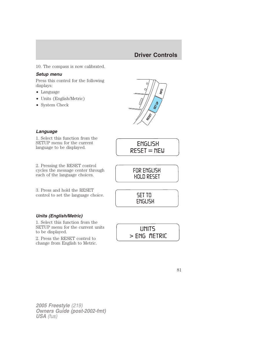 Setup menu, Language, Units (english/metric) | Driver controls | FORD 2005 Freestyle v.3 User Manual | Page 81 / 288