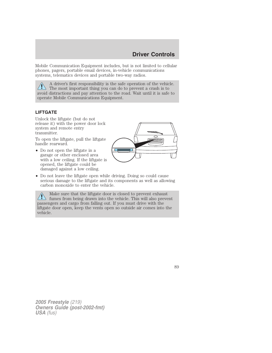 Liftgate, Driver controls | FORD 2005 Freestyle v.3 User Manual | Page 89 / 288