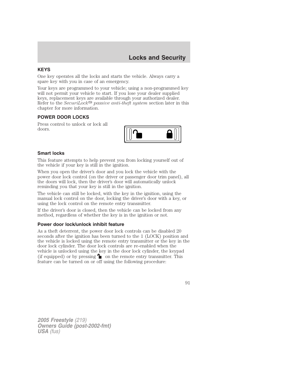 Locks and security, Keys, Power door locks | Smart locks, Power door lock/unlock inhibit feature, Locks | FORD 2005 Freestyle v.3 User Manual | Page 91 / 288