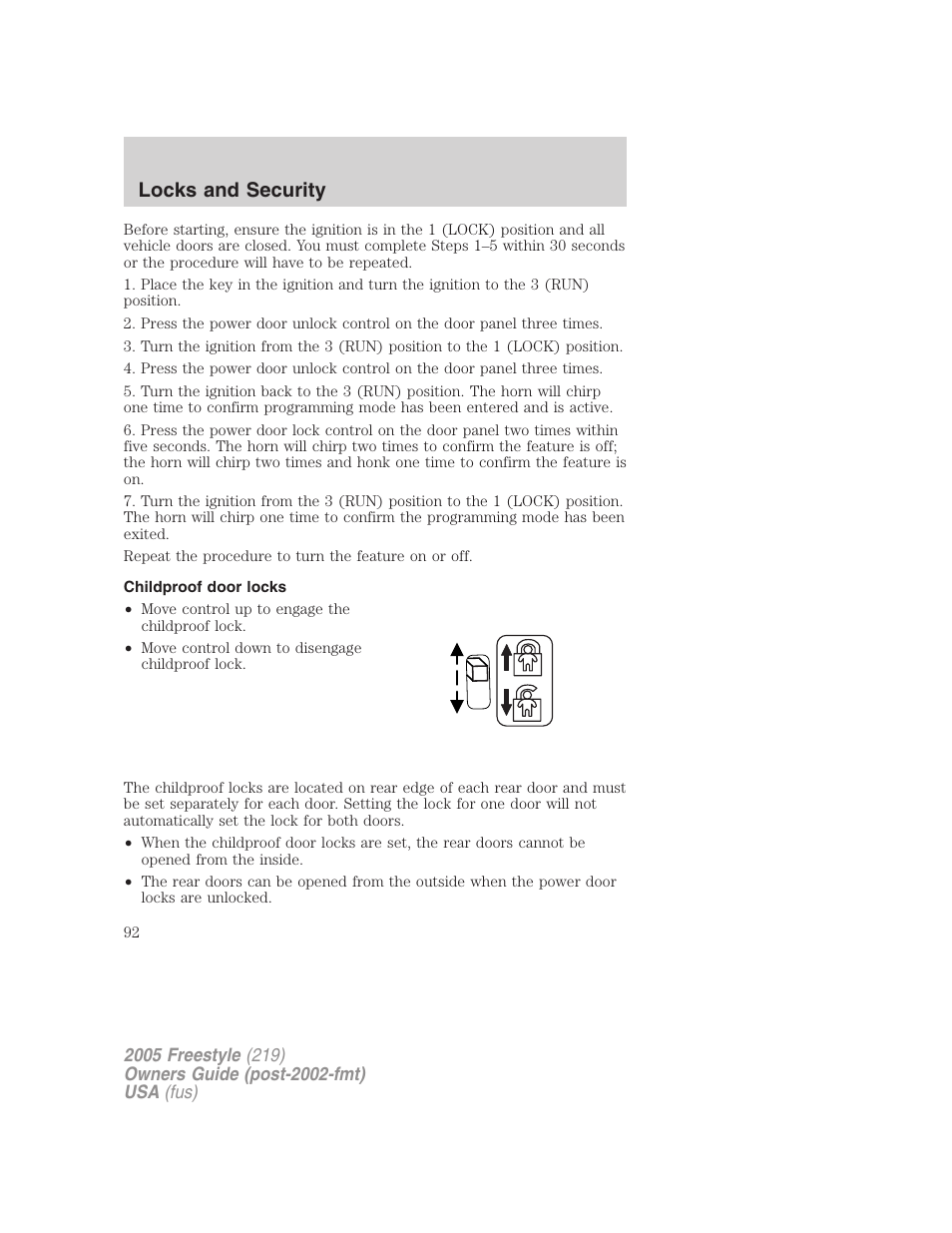 Childproof door locks, Locks and security | FORD 2005 Freestyle v.3 User Manual | Page 92 / 288