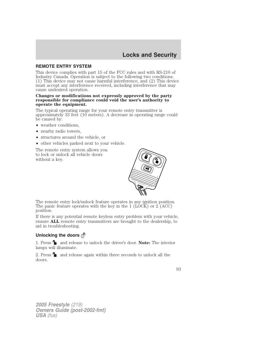 Remote entry system, Unlocking the doors, Locks and security | FORD 2005 Freestyle v.3 User Manual | Page 93 / 288