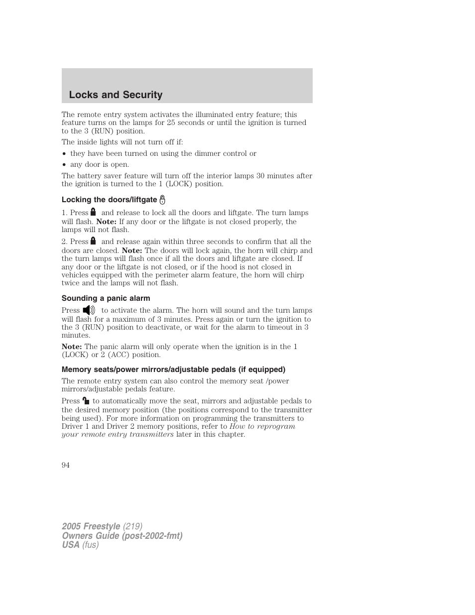 Locking the doors/liftgate, Sounding a panic alarm, Locks and security | FORD 2005 Freestyle v.3 User Manual | Page 94 / 288