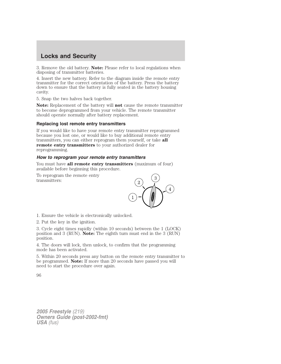 Replacing lost remote entry transmitters, How to reprogram your remote entry transmitters, Locks and security | FORD 2005 Freestyle v.3 User Manual | Page 96 / 288