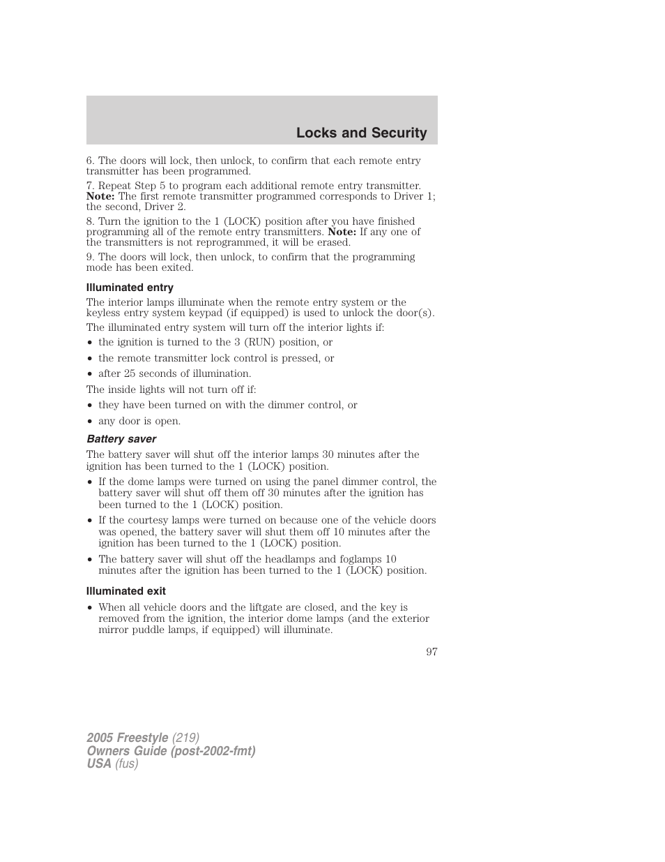 Illuminated entry, Battery saver, Illuminated exit | Locks and security | FORD 2005 Freestyle v.3 User Manual | Page 97 / 288
