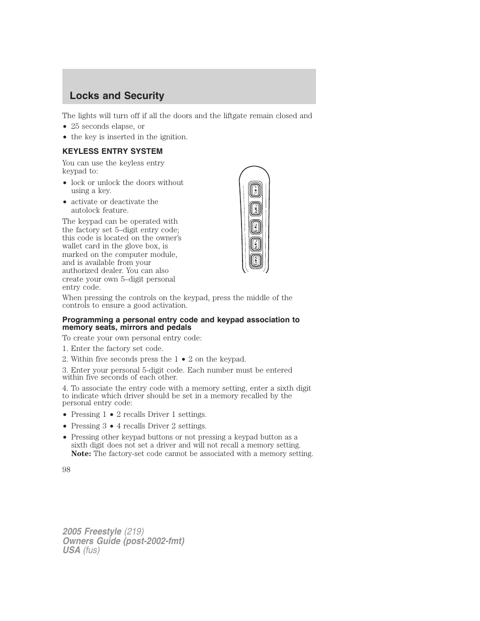 Keyless entry system, Locks and security | FORD 2005 Freestyle v.3 User Manual | Page 98 / 288