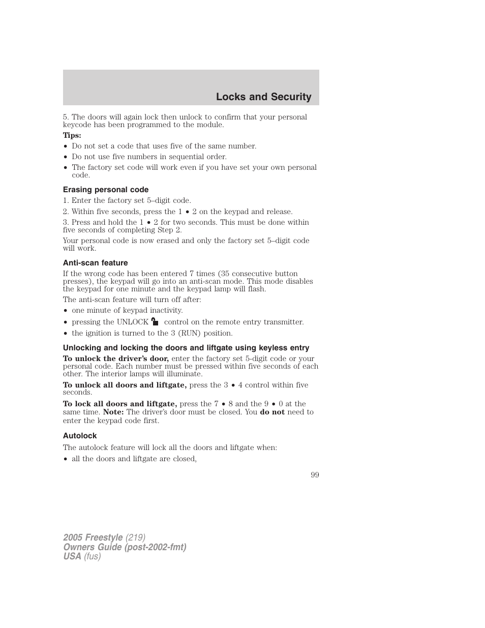 Erasing personal code, Anti-scan feature, Autolock | Locks and security | FORD 2005 Freestyle v.3 User Manual | Page 99 / 288