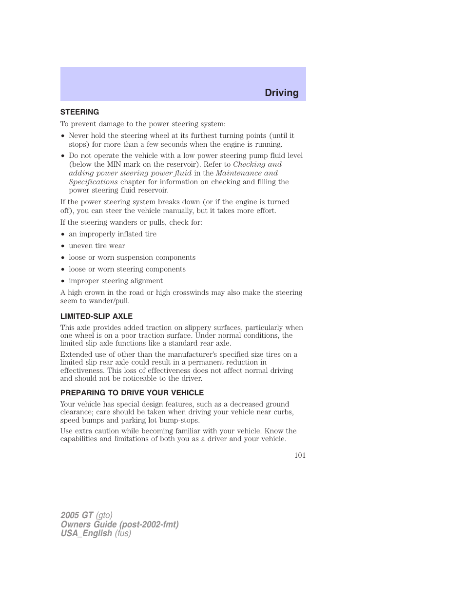 Driving | FORD 2005 GT User Manual | Page 101 / 200