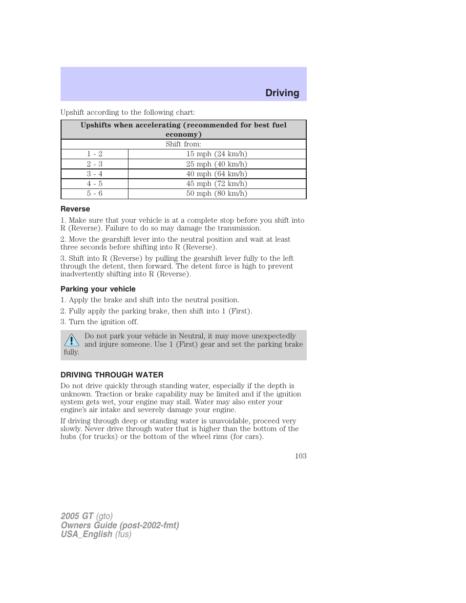 Driving | FORD 2005 GT User Manual | Page 103 / 200