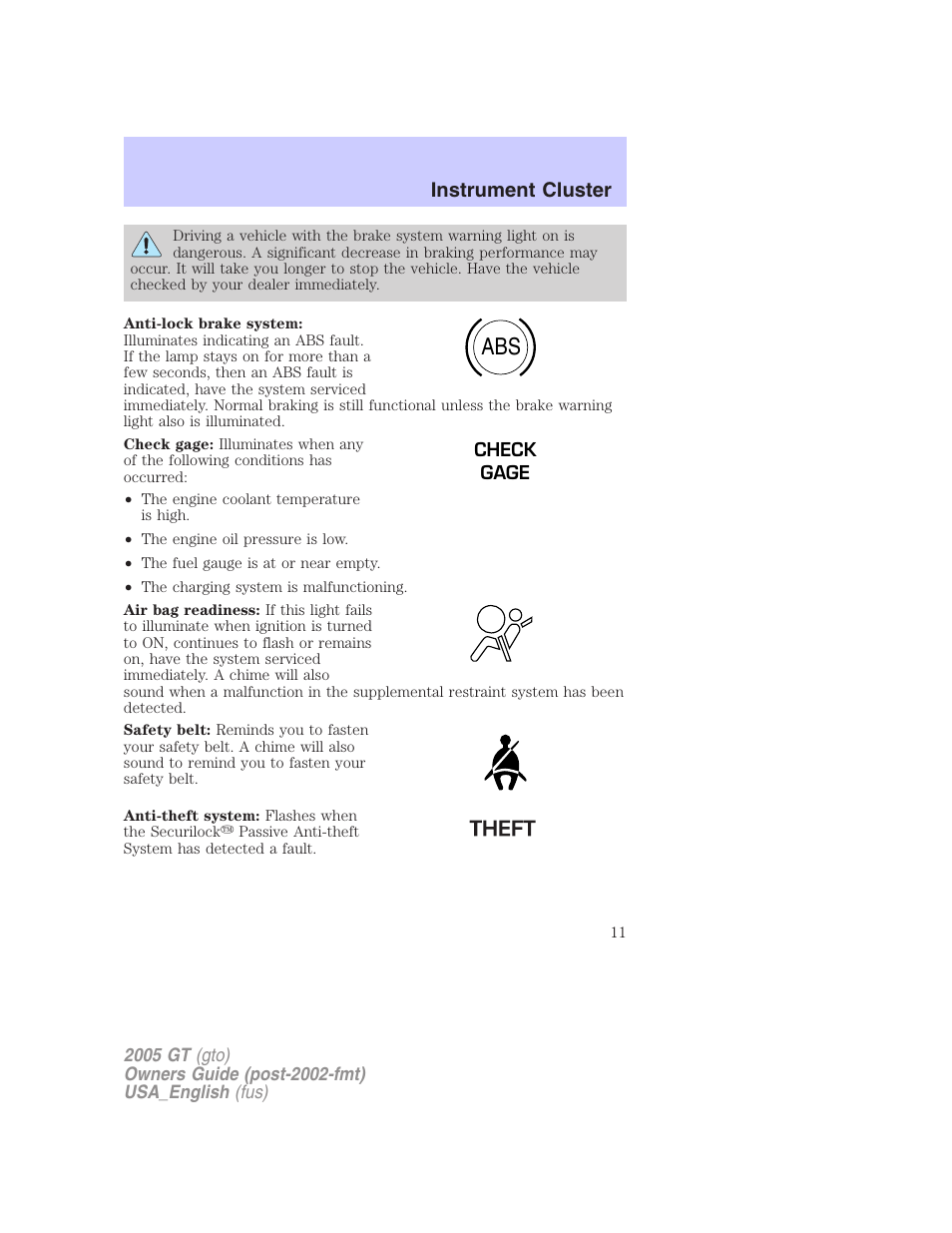 Instrument cluster | FORD 2005 GT User Manual | Page 11 / 200