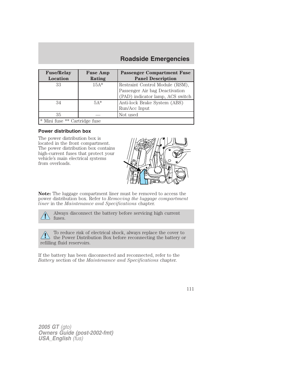 Roadside emergencies | FORD 2005 GT User Manual | Page 111 / 200