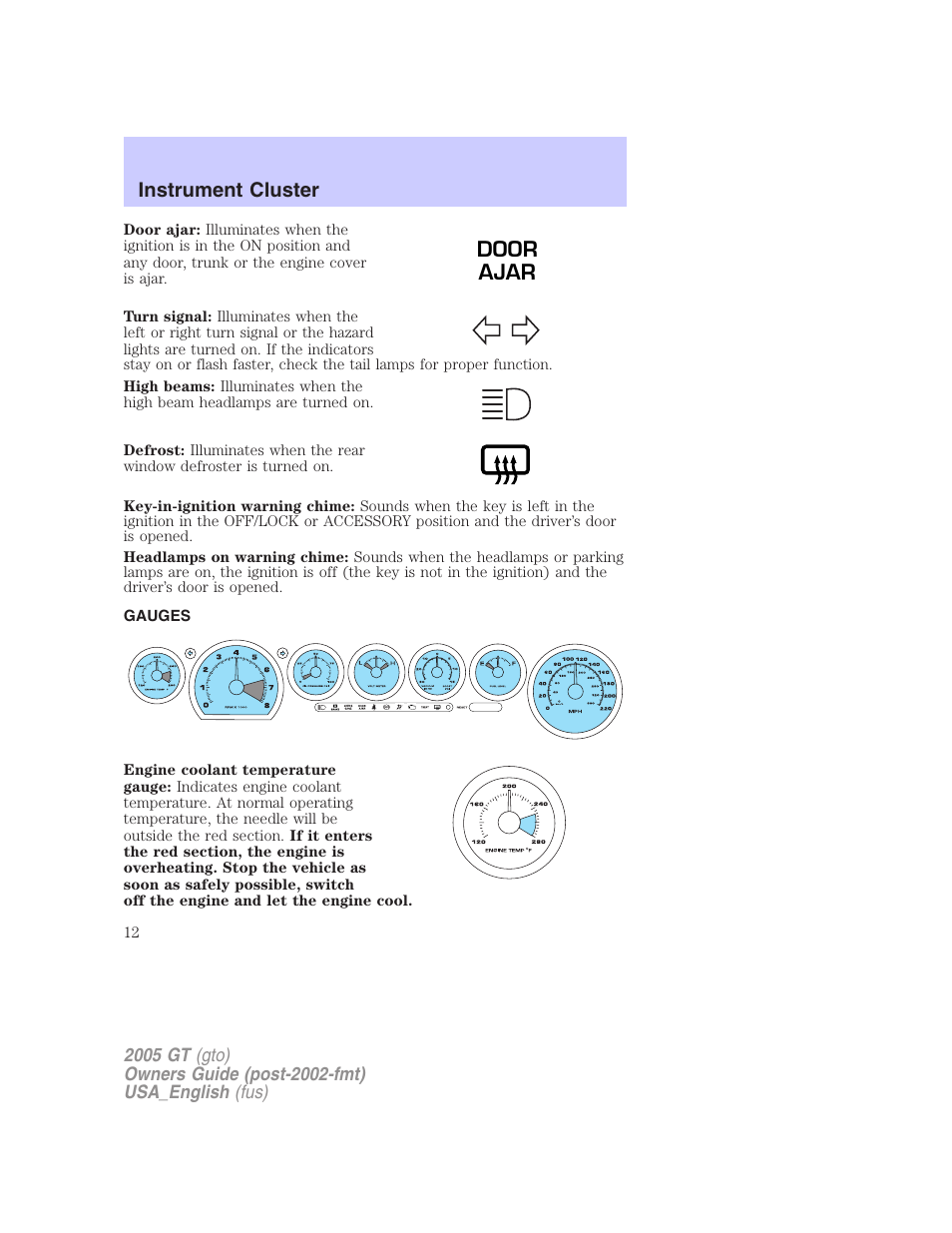 Door ajar, Instrument cluster | FORD 2005 GT User Manual | Page 12 / 200