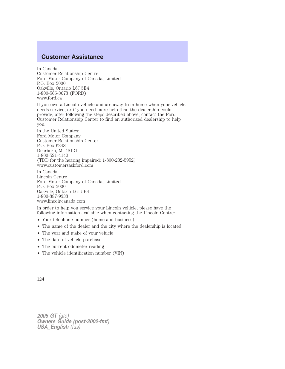 Customer assistance | FORD 2005 GT User Manual | Page 124 / 200