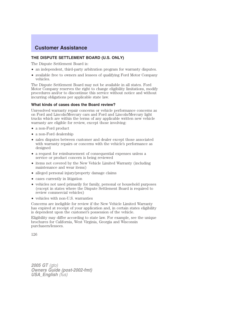 Customer assistance | FORD 2005 GT User Manual | Page 126 / 200