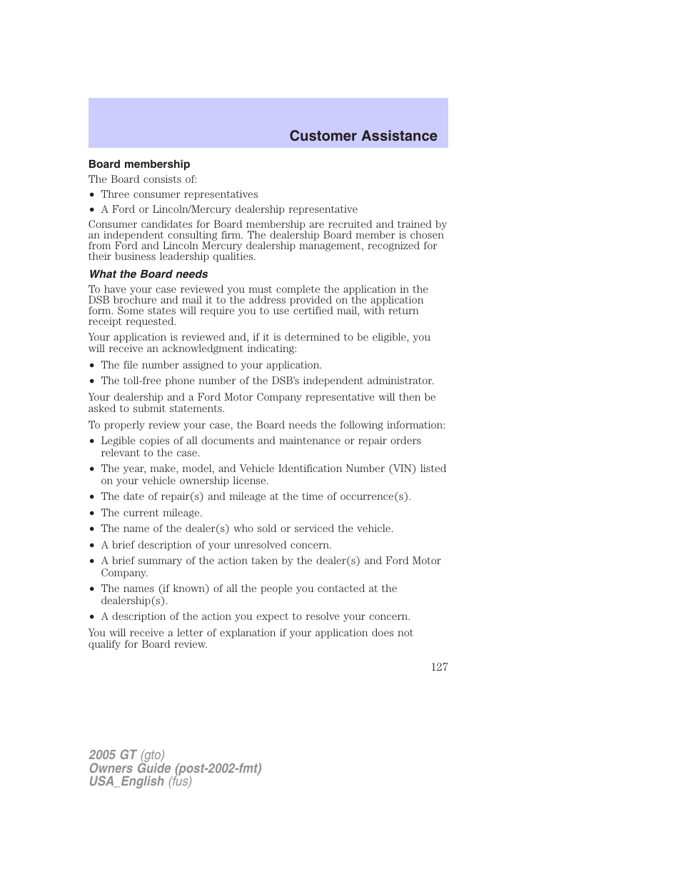 Customer assistance | FORD 2005 GT User Manual | Page 127 / 200