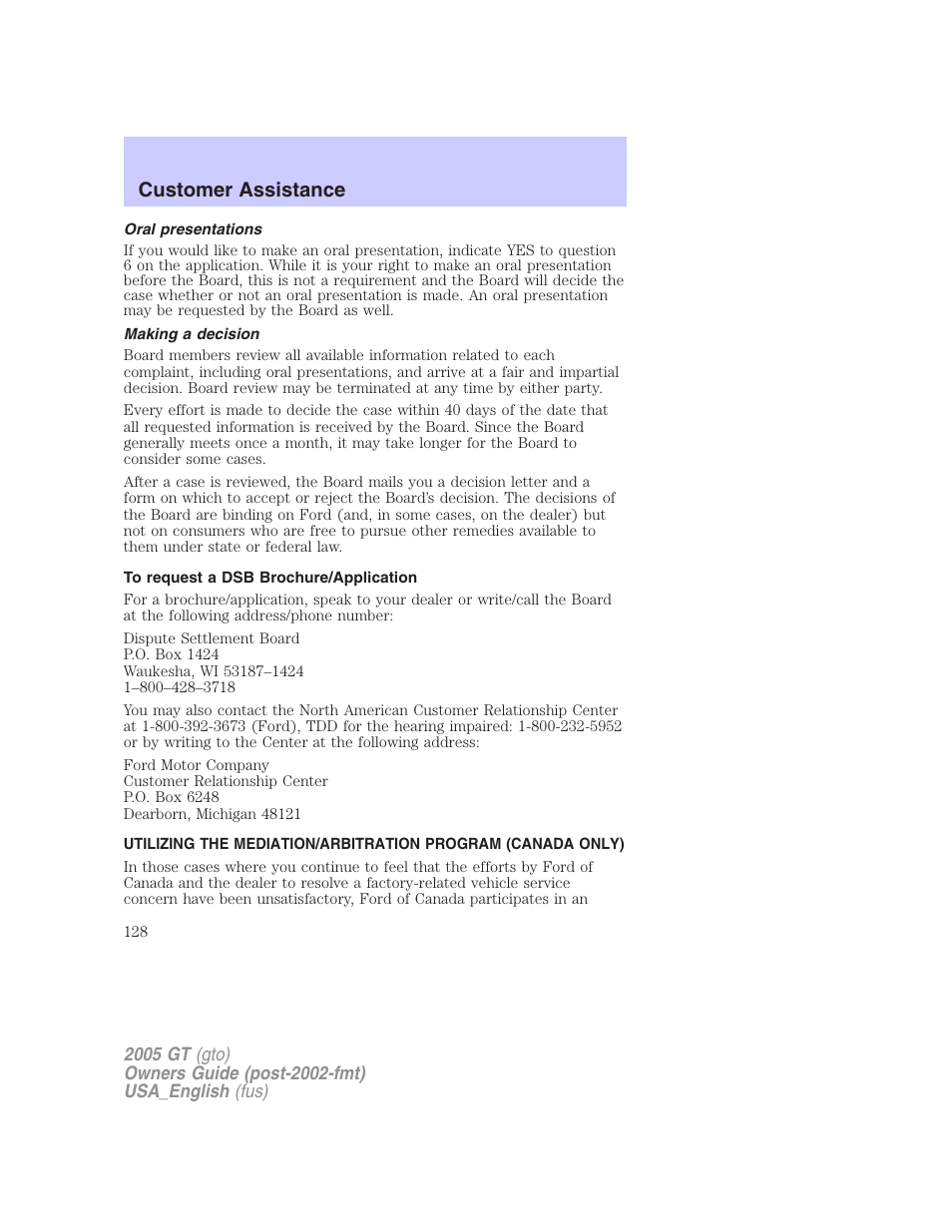 Customer assistance | FORD 2005 GT User Manual | Page 128 / 200