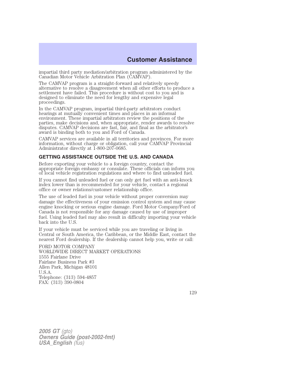 Customer assistance | FORD 2005 GT User Manual | Page 129 / 200