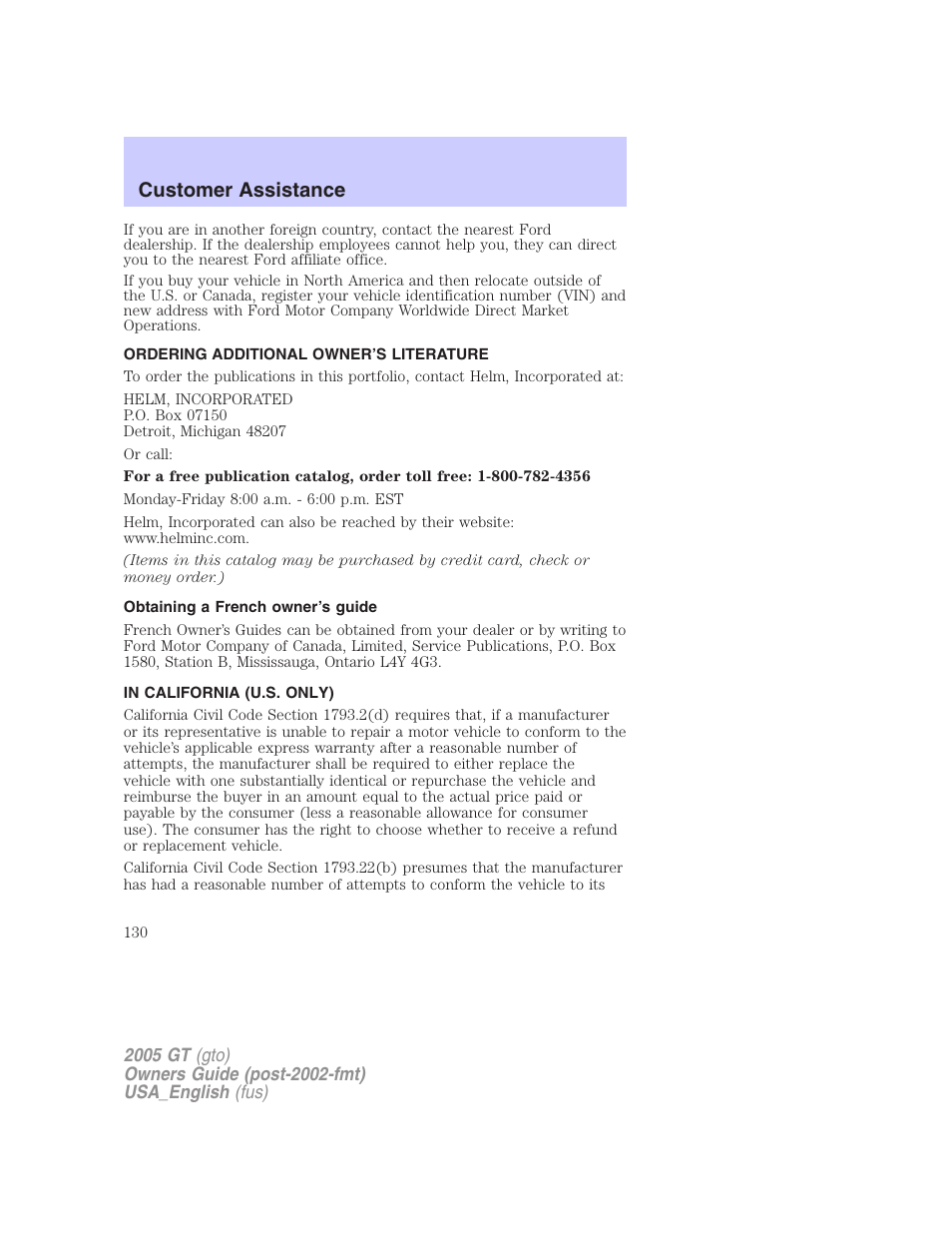 Customer assistance | FORD 2005 GT User Manual | Page 130 / 200
