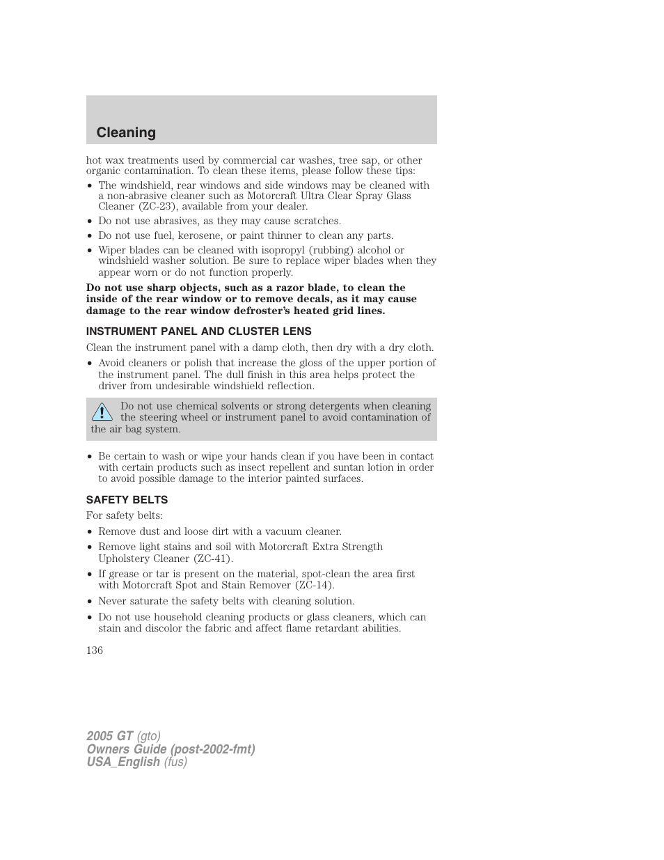 Cleaning | FORD 2005 GT User Manual | Page 136 / 200