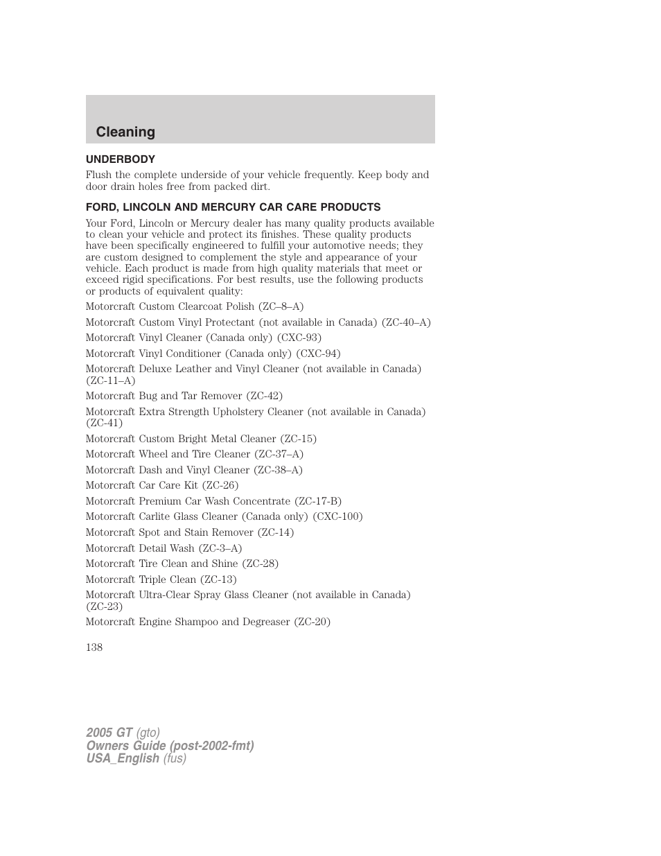 Cleaning | FORD 2005 GT User Manual | Page 138 / 200