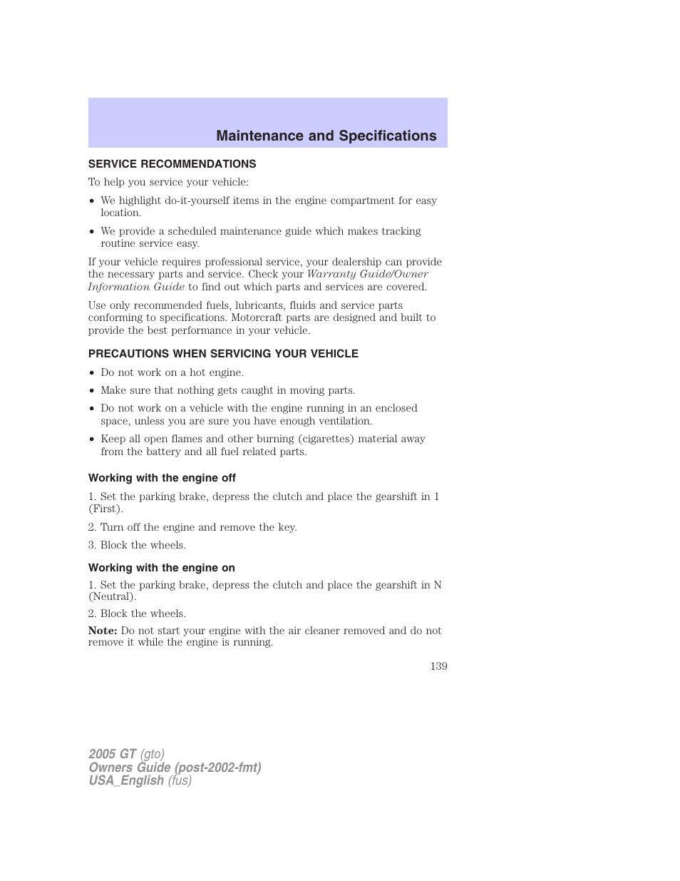 Maintenance and specifications | FORD 2005 GT User Manual | Page 139 / 200