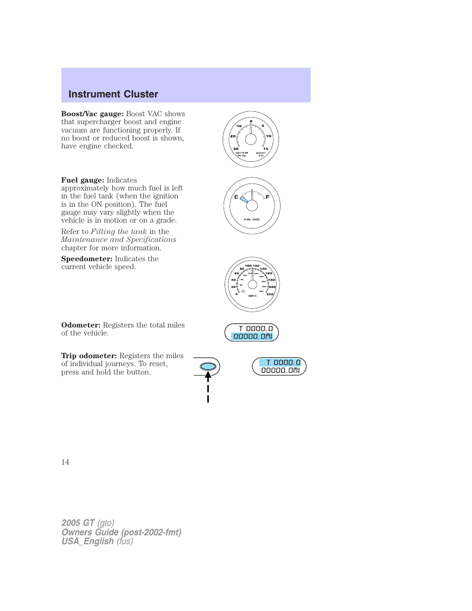 Instrument cluster | FORD 2005 GT User Manual | Page 14 / 200