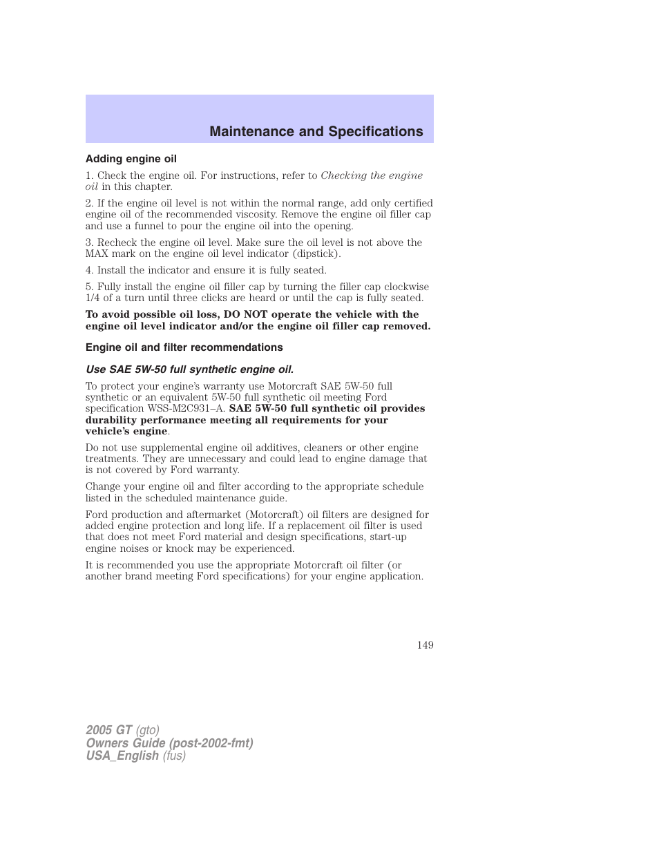 Maintenance and specifications | FORD 2005 GT User Manual | Page 149 / 200