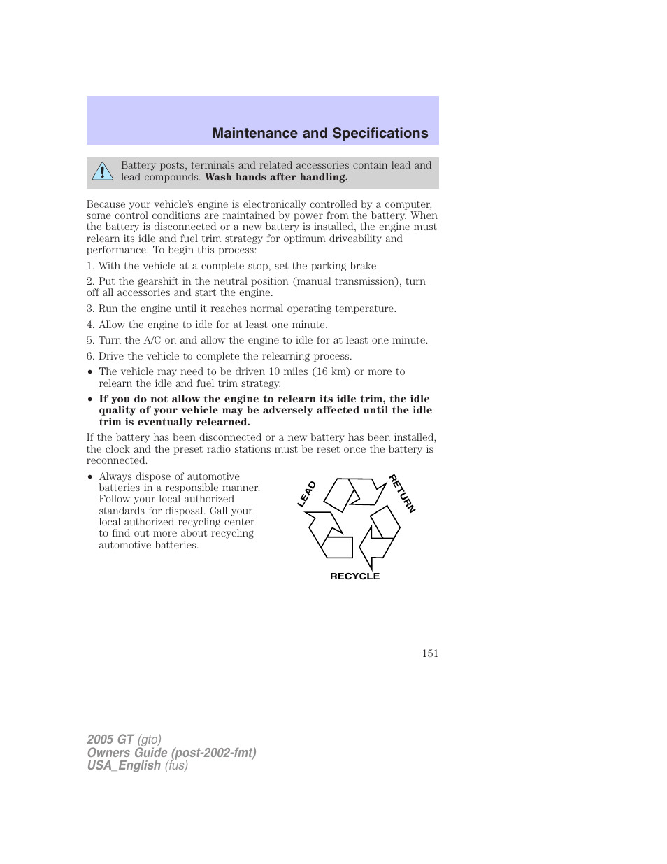 Maintenance and specifications | FORD 2005 GT User Manual | Page 151 / 200