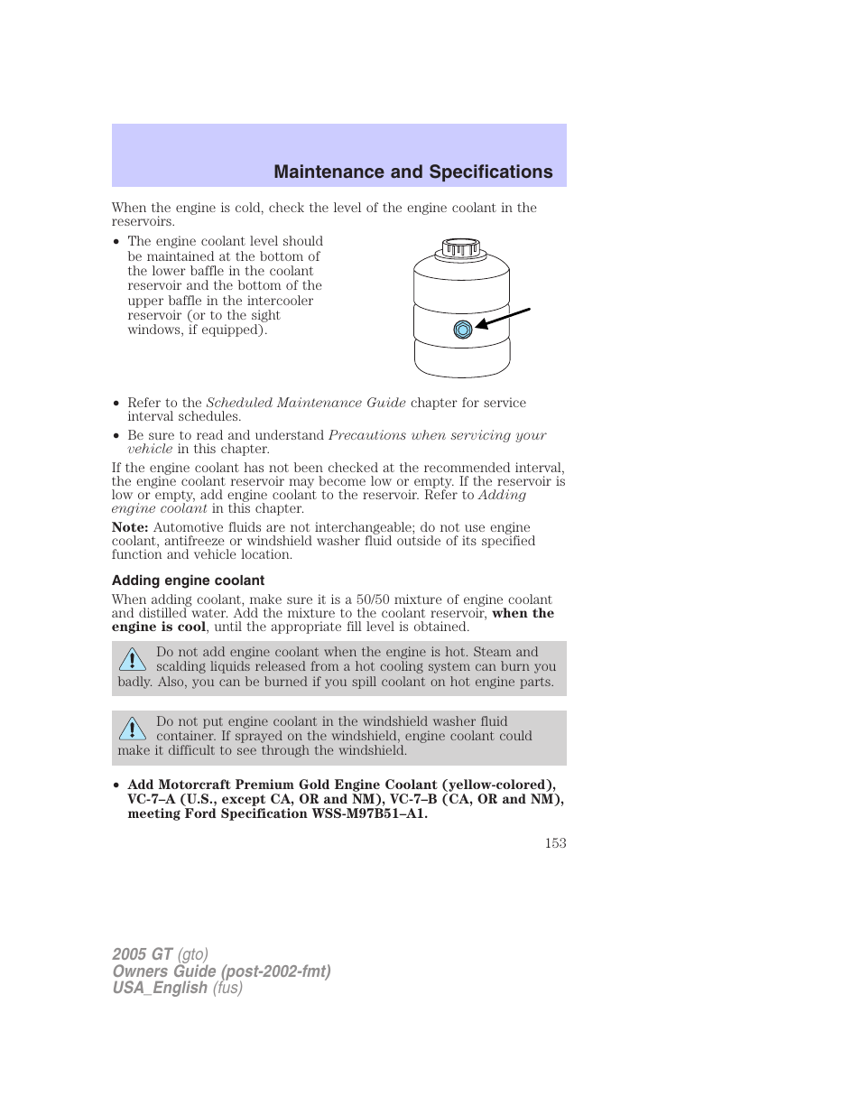 Maintenance and specifications | FORD 2005 GT User Manual | Page 153 / 200