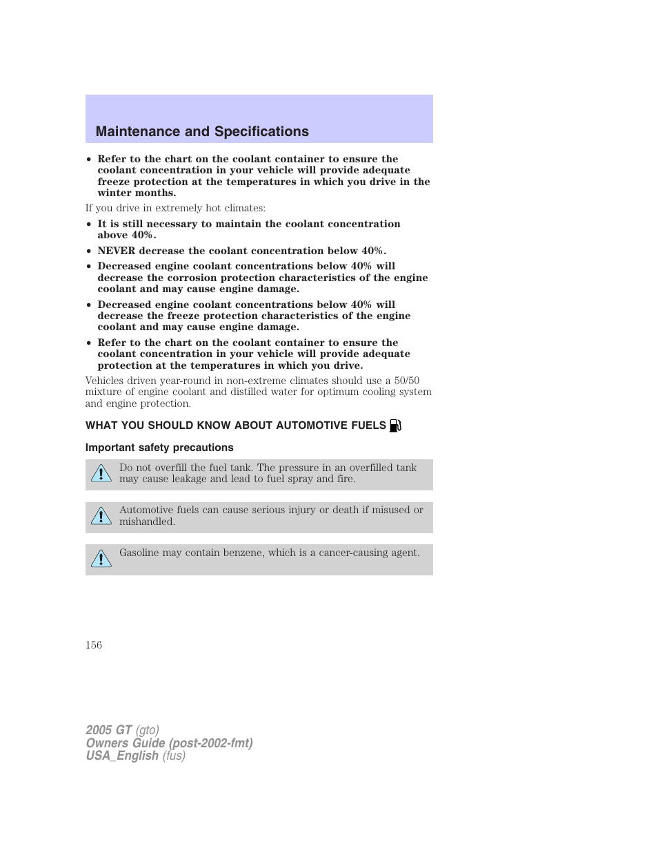 Maintenance and specifications | FORD 2005 GT User Manual | Page 156 / 200